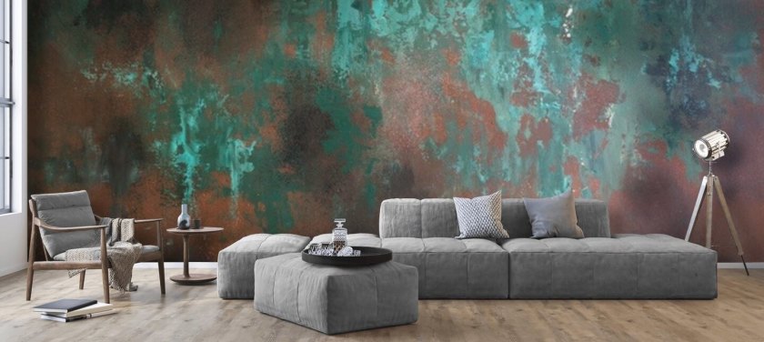 grøn og orange rusteffekt tapetmaleri kaldet Emerald Rust til stuer og soveværelser