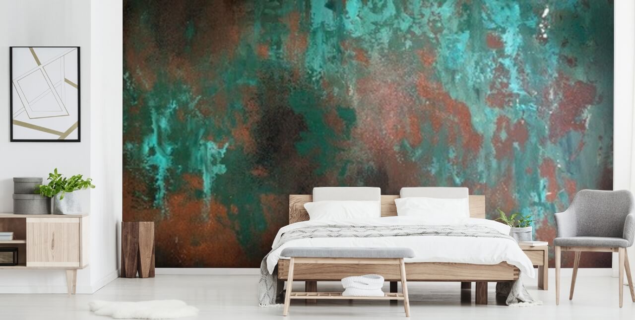 grøn og orange rusteffekt tapetmaleri kaldet Emerald Rust til stuer og soveværelser