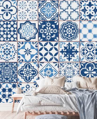 Papel de parede azul e branco Vintage Worn Tiles Papel de parede azul e branco Vintage Worn Tiles