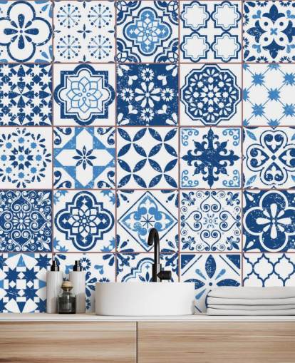 Blå og hvit Vintage slitte fliser tapet Blå og hvit Vintage slitte fliser tapet