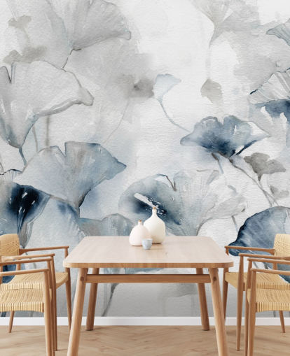 white and blue customisable floral wallpaper mural called Glorious Ginko by Carol Robinson for bathrooms and bedrooms white and blue customisable floral wallpaper mural called Glorious Ginko by Carol Robinson for bathrooms and bedrooms