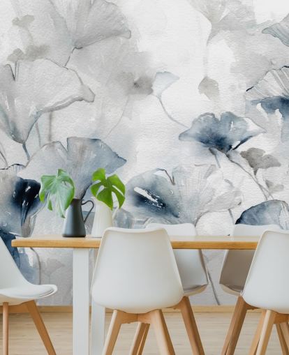 hvid og blå tilpasselig blomstertapet vægmaleri kaldet Glorious Ginko af Carol Robinson til badeværelser og soveværelser hvid og blå tilpasselig blomstertapet vægmaleri kaldet Glorious Ginko af Carol Robinson til badeværelser og soveværelser