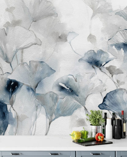papier peint mural floral personnalisable blanc et bleu appelé Glorious Ginko par Carol Robinson pour les salles de bain et les chambres papier peint mural floral personnalisable blanc et bleu appelé Glorious Ginko par Carol Robinson pour les salles de bain et les chambres