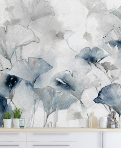 white and blue customisable floral wallpaper mural called Glorious Ginko by Carol Robinson for bathrooms and bedrooms white and blue customisable floral wallpaper mural called Glorious Ginko by Carol Robinson for bathrooms and bedrooms