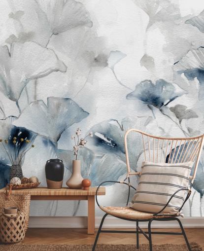 mural de papel pintado floral personalizable blanco y azul llamado Glorious Ginko de Carol Robinson para baños y dormitorios mural de papel pintado floral personalizable blanco y azul llamado Glorious Ginko de Carol Robinson para baños y dormitorios