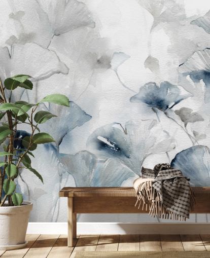 white and blue customisable floral wallpaper mural called Glorious Ginko by Carol Robinson for bathrooms and bedrooms white and blue customisable floral wallpaper mural called Glorious Ginko by Carol Robinson for bathrooms and bedrooms