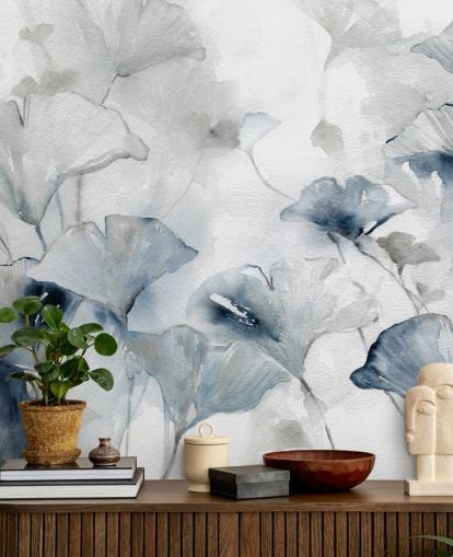white and blue customizable floral wallpaper mural called Glorious Ginko by Carol Robinson for bathrooms and bedrooms white and blue customizable floral wallpaper mural called Glorious Ginko by Carol Robinson for bathrooms and bedrooms