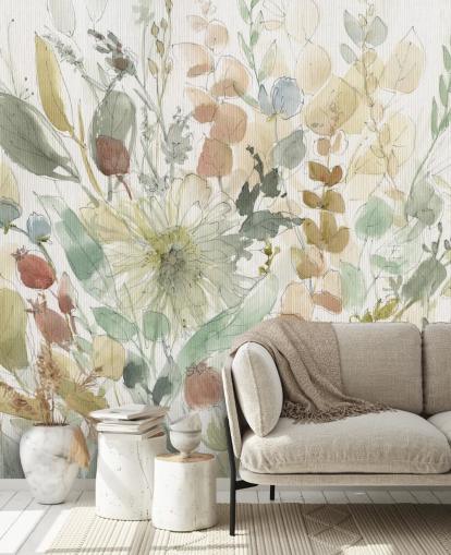 mural de papel de parede floral personalizável em tons pastel chamado Linen Wildflower de Carol Robinson para quartos mural de papel de parede floral personalizável em tons pastel chamado Linen Wildflower de Carol Robinson para quartos