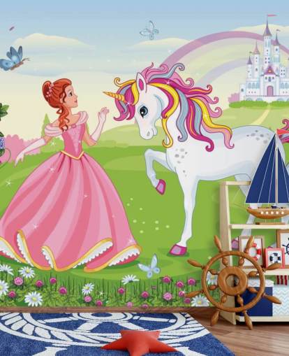 Märchenhintergrund mit Schloss und Regenbogen-Tapete Märchenhintergrund mit Schloss und Regenbogen-Tapete