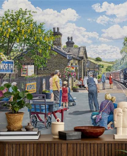 Oakworth Station Veggmaleri av Trevor Mitchell Oakworth Station Veggmaleri av Trevor Mitchell