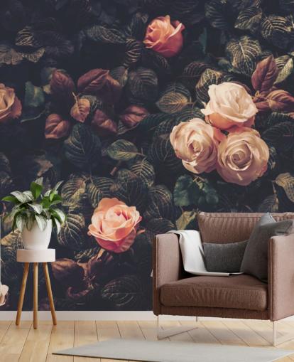 Papier Peint Fresque Roses contre un Buisson Vert Papier Peint Fresque Roses contre un Buisson Vert