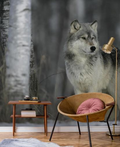 Grå varg i trä väggmålning Grå varg i trä väggmålning