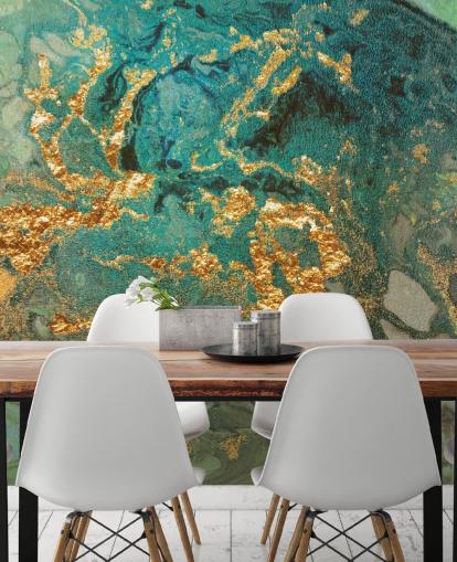 grön och guld anpassad marmor tapetväggmålning kallad Emerald Marble av Lara Skinner för vardagsrum grön och guld anpassad marmor tapetväggmålning kallad Emerald Marble av Lara Skinner för vardagsrum