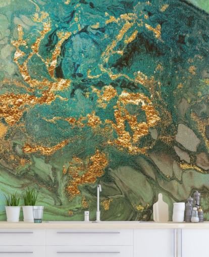 Wandbild aus grünem und goldenem, individuellem Marmor namens Emerald Marble von Lara Skinner für Wohnzimmer Wandbild aus grünem und goldenem, individuellem Marmor namens Emerald Marble von Lara Skinner für Wohnzimmer