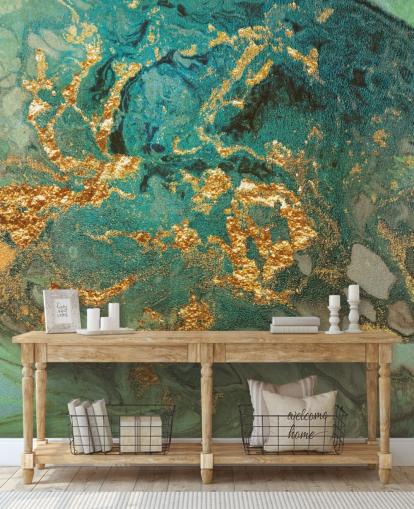 grøn og guld tilpasset marmor tapetmaleri kaldet Emerald Marble af Lara Skinner til stuer grøn og guld tilpasset marmor tapetmaleri kaldet Emerald Marble af Lara Skinner til stuer