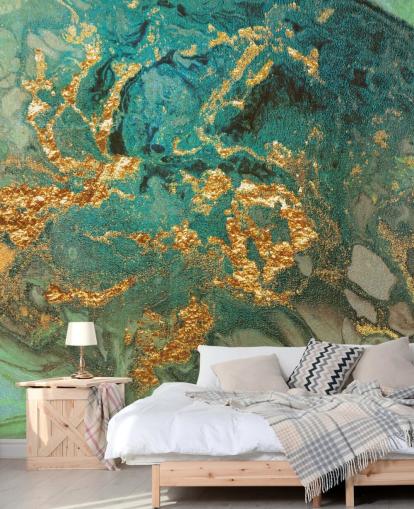 grön och guld anpassad marmor tapetväggmålning kallad Emerald Marble av Lara Skinner för vardagsrum grön och guld anpassad marmor tapetväggmålning kallad Emerald Marble av Lara Skinner för vardagsrum