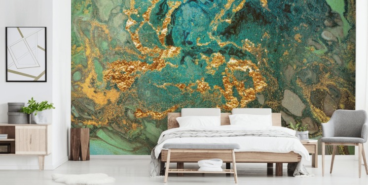 grøn og guld tilpasset marmor tapetmaleri kaldet Emerald Marble af Lara Skinner til stuer