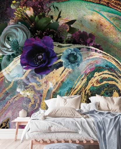 carta da parati murale in marmo verde, viola e oro chiamata Marble Floral New Master di Lara Skinner per camere da letto o bagni carta da parati murale in marmo verde, viola e oro chiamata Marble Floral New Master di Lara Skinner per camere da letto o bagni