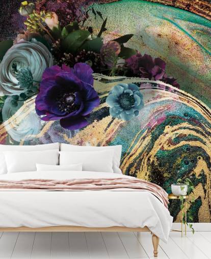grön, lila och guld marmor tapetväggmålning kallad Marble Floral New Master av Lara Skinner för sovrum eller badrum grön, lila och guld marmor tapetväggmålning kallad Marble Floral New Master av Lara Skinner för sovrum eller badrum