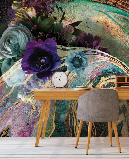 grøn, lilla og guld marmor tapetmaleri kaldet Marble Floral New Master af Lara Skinner til soveværelser eller badeværelser grøn, lilla og guld marmor tapetmaleri kaldet Marble Floral New Master af Lara Skinner til soveværelser eller badeværelser