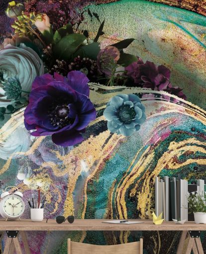 green, purple and gold marble wallpaper mural called Marble Floral New Master by Lara Skinner for bedrooms or bathrooms green, purple and gold marble wallpaper mural called Marble Floral New Master by Lara Skinner for bedrooms or bathrooms