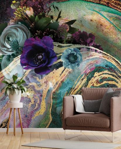 grøn, lilla og guld marmor tapetmaleri kaldet Marble Floral New Master af Lara Skinner til soveværelser eller badeværelser grøn, lilla og guld marmor tapetmaleri kaldet Marble Floral New Master af Lara Skinner til soveværelser eller badeværelser