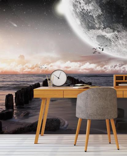 plage de nuit avec fond d'écran de grande lune plage de nuit avec fond d'écran de grande lune