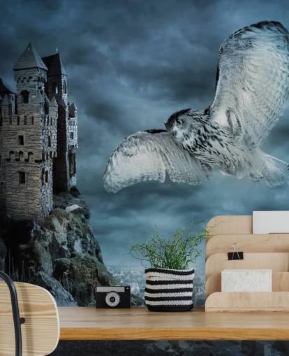 Ugle Flyr Rundt Gamle Castle Veggmaleri Ugle Flyr Rundt Gamle Castle Veggmaleri