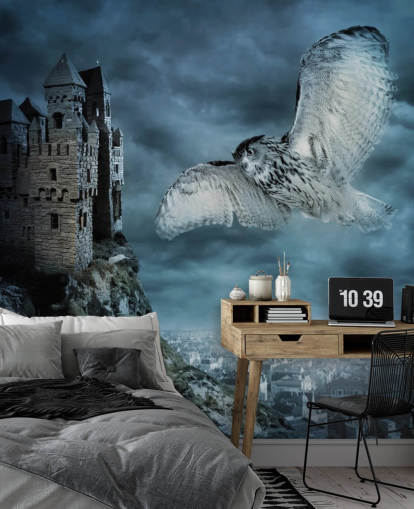 Owl Flying Around Ancient Castle Wall Mural Owl Flying Around Ancient Castle Wall Mural