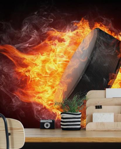 black and red hockey wall mural called Hockey Puck on Fire black and red hockey wall mural called Hockey Puck on Fire