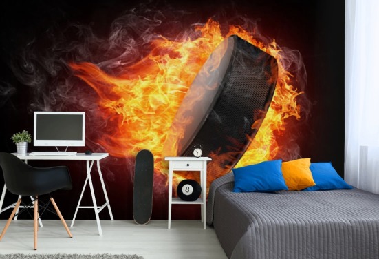 black and red hockey wall mural called Hockey Puck on Fire