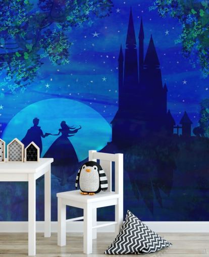 blauw kasteel, prinses en prins dromerig behang blauw kasteel, prinses en prins dromerig behang