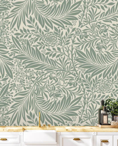 Papel de parede padrão Larkspur em verde-oliva por William Morris Papel de parede padrão Larkspur em verde-oliva por William Morris