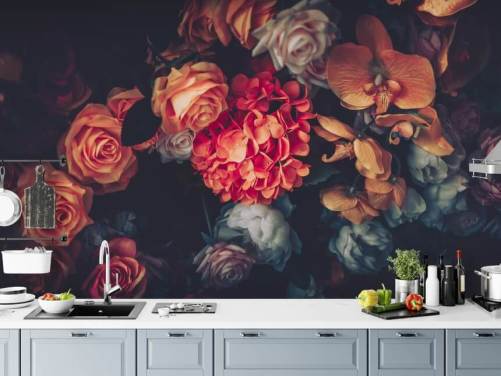 Vintage Flowers on Dark Background Wallpaper