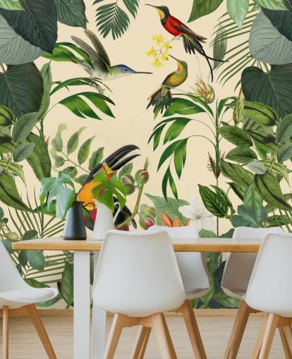 Decorazione murale con uccelli tropicali nella giungla di Andrea Haase Decorazione murale con uccelli tropicali nella giungla di Andrea Haase