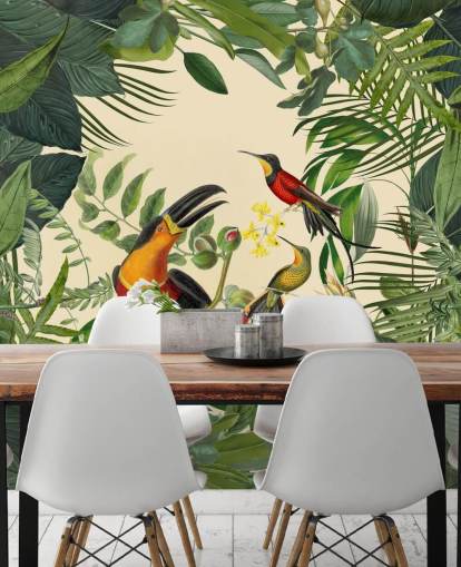 grøn og beige jungle tapet vægmaleri kaldet Toucans in the Jungle af Andrea Haase grøn og beige jungle tapet vægmaleri kaldet Toucans in the Jungle af Andrea Haase