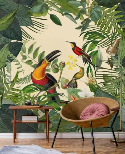 green and beige jungle wallpaper mural called Toucans in the Jungle by Andrea Haase green and beige jungle wallpaper mural called Toucans in the Jungle by Andrea Haase