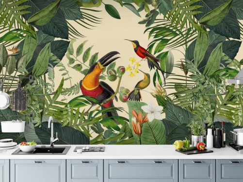 grøn og beige jungle tapet vægmaleri kaldet Toucans in the Jungle af Andrea Haase