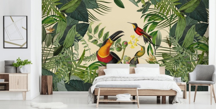 groene en beige behangmuurschildering met de naam Toucans in the Jungle van Andrea Haase
