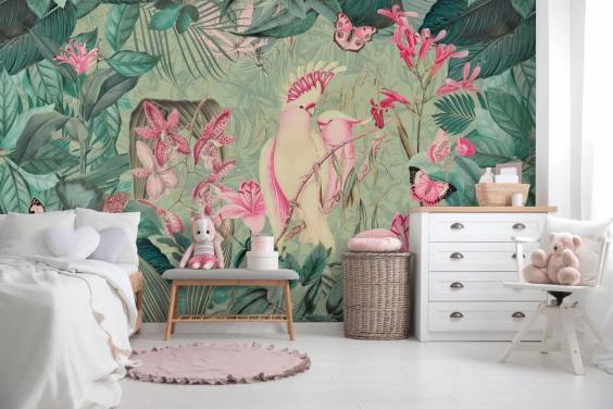 Roze kaketoes behang muurschildering van Andrea Haase