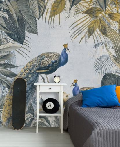 green and blue customisable peacock wallpaper called Fantastic Peacock Kings for kitchens, living rooms and bedrooms green and blue customisable peacock wallpaper called Fantastic Peacock Kings for kitchens, living rooms and bedrooms