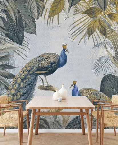 vihreä ja sininen muokattava riikinkukko-taustakuva nimeltä Fantastic Peacock Kings keittiöihin, olohuoneisiin ja makuuhuoneisiin vihreä ja sininen muokattava riikinkukko-taustakuva nimeltä Fantastic Peacock Kings keittiöihin, olohuoneisiin ja makuuhuoneisiin