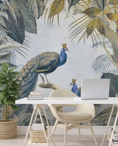 papel de parede de pavão personalizável verde e azul chamado Fantastic Peacock Kings para cozinhas, salas de estar e quartos papel de parede de pavão personalizável verde e azul chamado Fantastic Peacock Kings para cozinhas, salas de estar e quartos