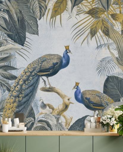 papel pintado de pavo real personalizable en verde y azul llamado Fantastic Peacock Kings para cocinas, salas de estar y dormitorios papel pintado de pavo real personalizable en verde y azul llamado Fantastic Peacock Kings para cocinas, salas de estar y dormitorios