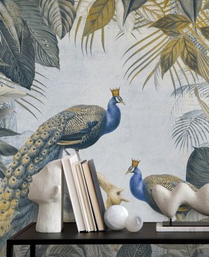 Grün-blaue, individuell gestaltbare Pfauentapete namens Fantastic Peacock Kings für Küchen, Wohn- und Schlafzimmer Grün-blaue, individuell gestaltbare Pfauentapete namens Fantastic Peacock Kings für Küchen, Wohn- und Schlafzimmer