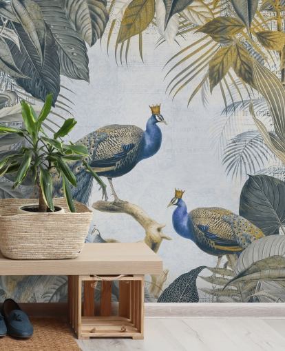 Grün-blaue, individuell gestaltbare Pfauentapete namens Fantastic Peacock Kings für Küchen, Wohn- und Schlafzimmer Grün-blaue, individuell gestaltbare Pfauentapete namens Fantastic Peacock Kings für Küchen, Wohn- und Schlafzimmer