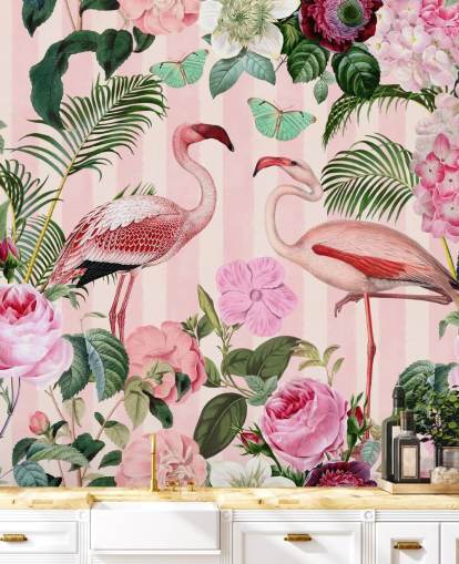 pink and green flamingo wallpaper mural called Flamingo Rendezvous by Andrea Haase for bedrooms pink and green flamingo wallpaper mural called Flamingo Rendezvous by Andrea Haase for bedrooms