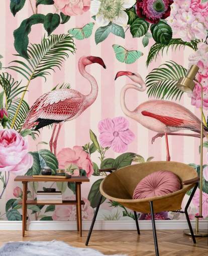 rosafarbenes und grünes Flamingo-Tapetenwandbild namens Flamingo Rendezvous von Andrea Haase für Schlafzimmer rosafarbenes und grünes Flamingo-Tapetenwandbild namens Flamingo Rendezvous von Andrea Haase für Schlafzimmer