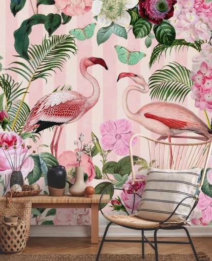 rosa och grön flamingo tapetväggmålning som heter Flamingo Rendezvous av Andrea Haase för sovrum rosa och grön flamingo tapetväggmålning som heter Flamingo Rendezvous av Andrea Haase för sovrum