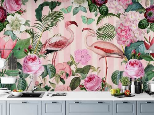 lyserødt og grønt flamingo tapetmaleri kaldet Flamingo Rendezvous af Andrea Haase til soveværelser